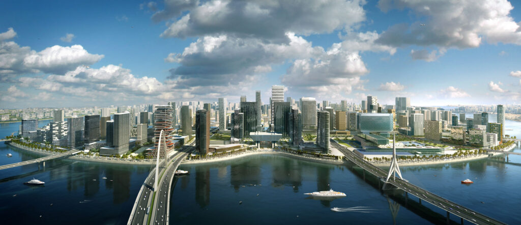 Modern waterfront skyline of Al Maryah Island with high-rise buildings, bridges, and blue sky reflected in calm water.