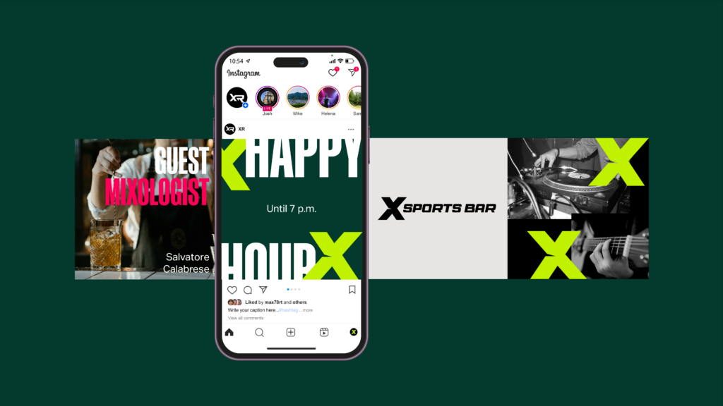 A smartphone displaying the XRange app interface with promotional content such as happy hour and events, next to tiles referencing an X Sports Bar and social gaming experiences.