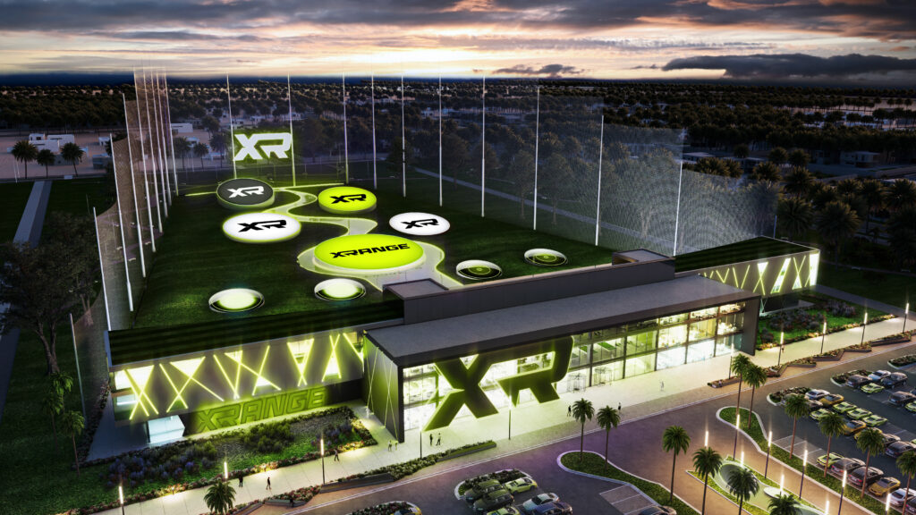 An exterior night view of an XRange venue with illuminated signage and a rooftop-style driving range featuring glowing targets, surrounded by palm trees and a modern architectural design.