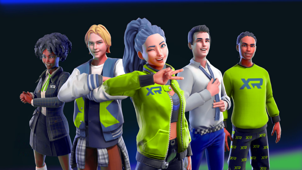 A group of stylized, diverse avatars wearing XRange branded clothing in neon green and black, representing a social, gaming-focused community.