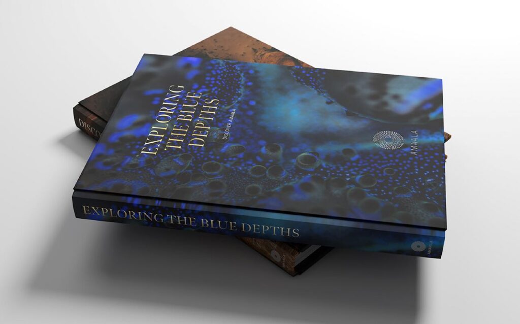 Stack of premium hardcover books with a blue abstract cover design titled “Exploring the Blue Depths.”