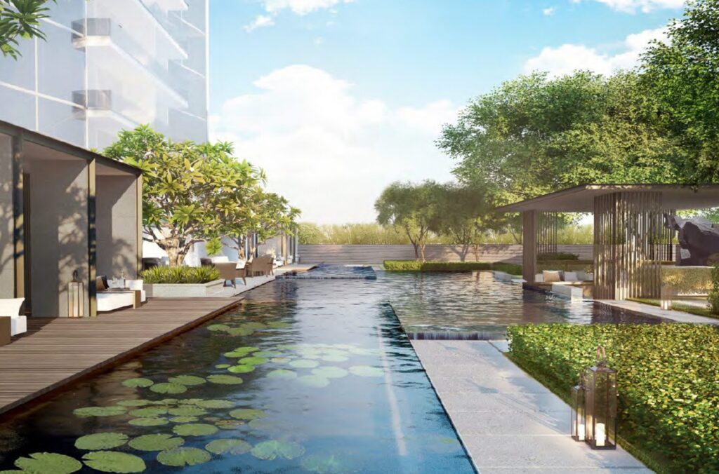 Anderson house outdoor area garden with pond