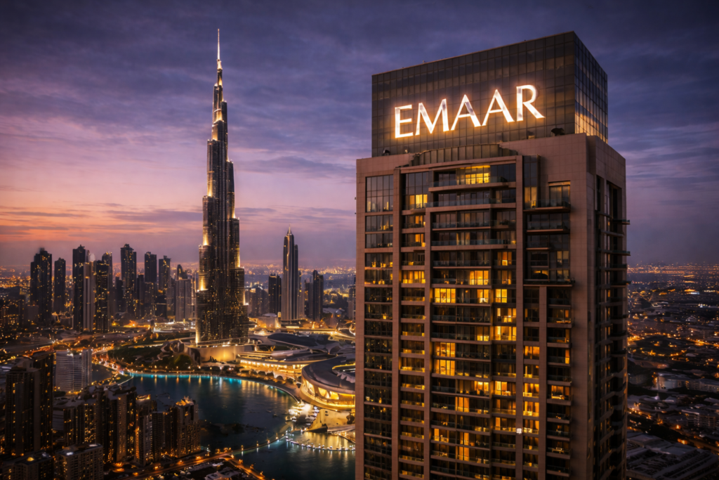 The Burj Khalifa illuminated at sunset with large “EMAAR” branding projected onto the tower, beside a warmly lit modern building and palm trees in Dubai.