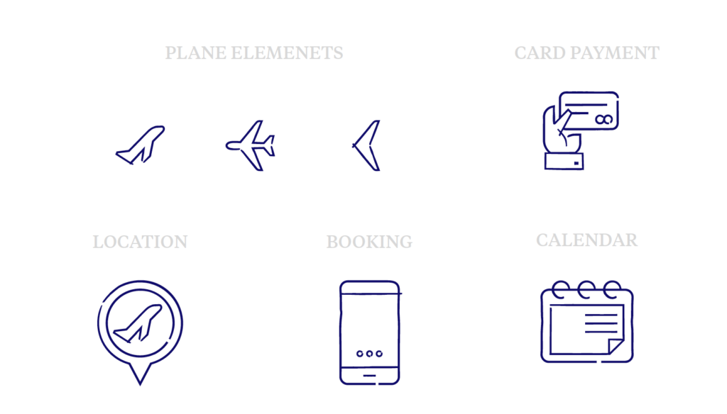 Set of minimal blue line icons representing aviation and services, including airplane, location pin, booking, payment, and calendar symbols.