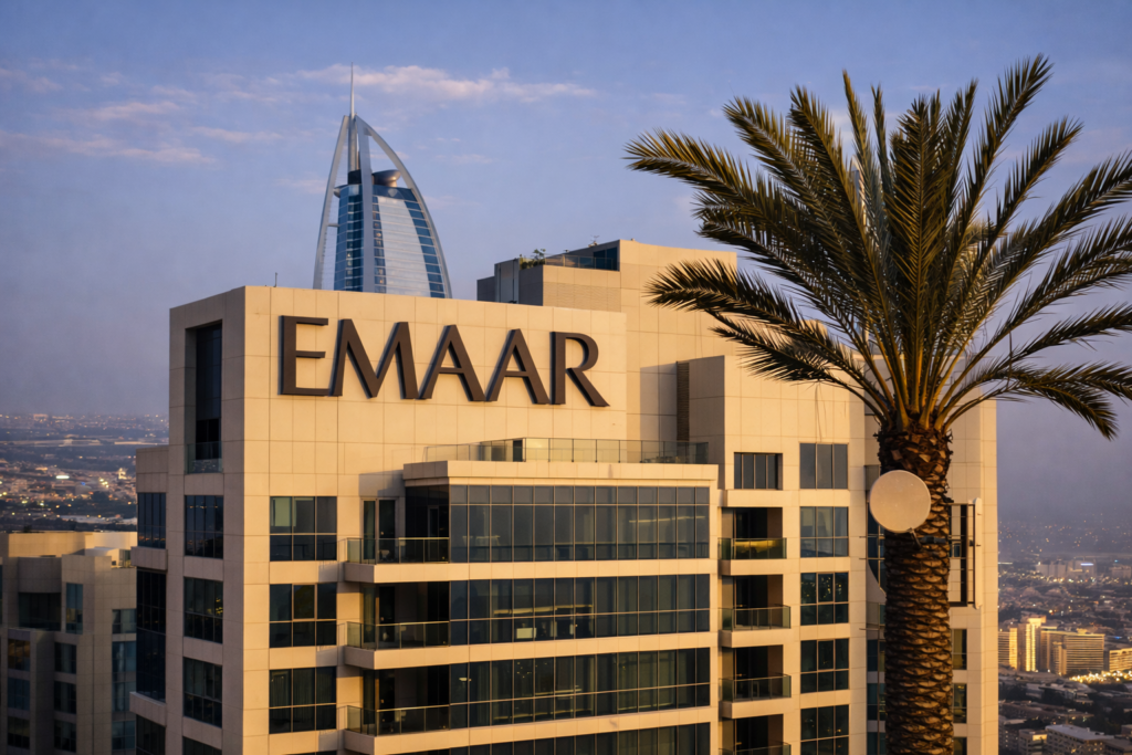 An EMAAR-branded office building with a large logo on the facade, set against the Dubai skyline with the Burj Al Arab visible in the background.