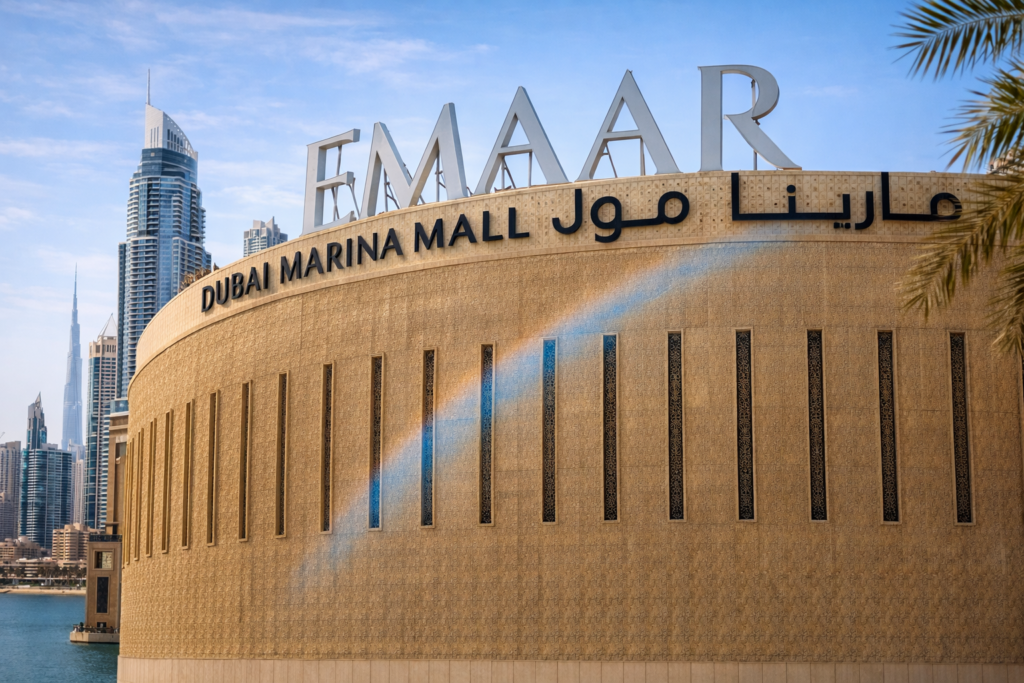 The exterior of Dubai Marina Mall with prominent EMAAR signage in English and Arabic, featuring curved architecture and surrounding high-rise towers.