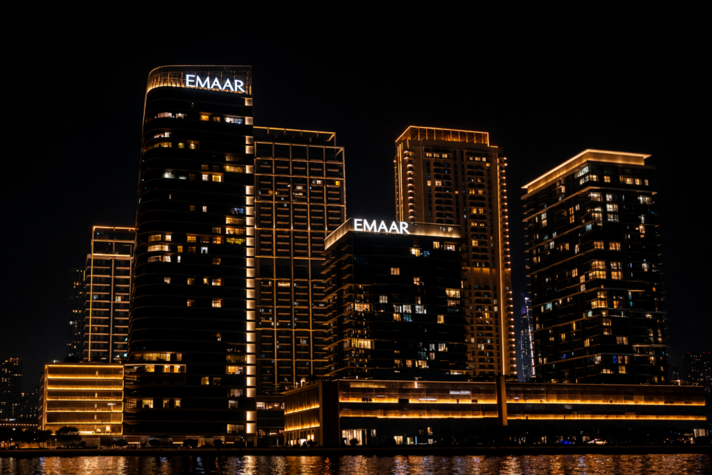 A nighttime cityscape of illuminated EMAAR residential towers, glowing with warm golden lighting against a dark sky.
