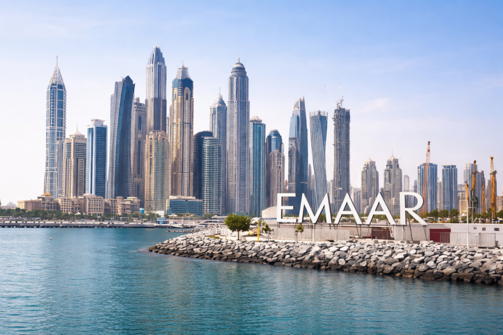 The Dubai Marina skyline viewed from the waterfront, with a large EMAAR sign in the foreground and modern skyscrapers rising behind it.